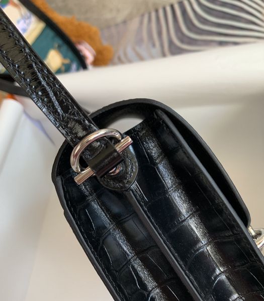 Hermes Roulis Mini 19cm Bag Black Croc Veins With Grey Lizard Leather Silver Metal