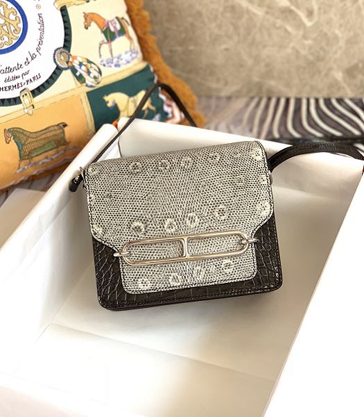 Hermes Roulis Mini 19cm Bag Black Croc Veins With Grey Lizard Leather Silver Metal