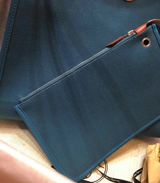 Hermes Herbag Lake Blue Canvas With Brown Imported Leather 31 Zip Tote Handbag