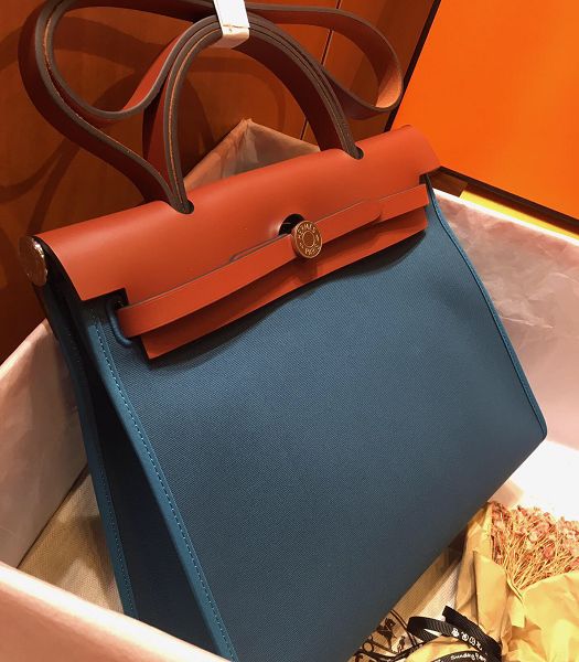 Hermes Herbag Lake Blue Canvas With Brown Imported Leather 31 Zip Tote Handbag