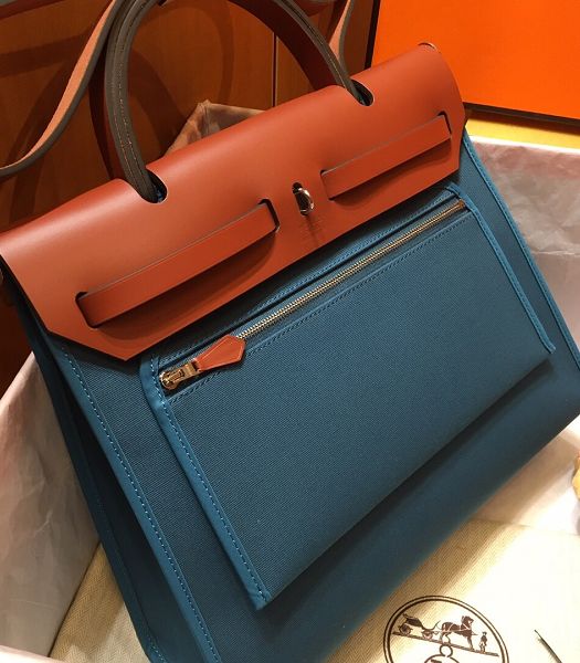 Hermes Herbag Lake Blue Canvas With Brown Imported Leather 31 Zip Tote Handbag