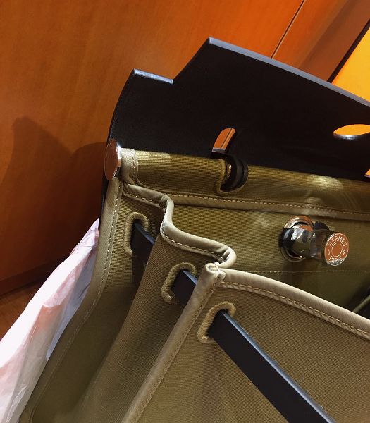 Hermes Herbag Army Green Canvas With Black Imported Leather 31 Zip Tote Handbag