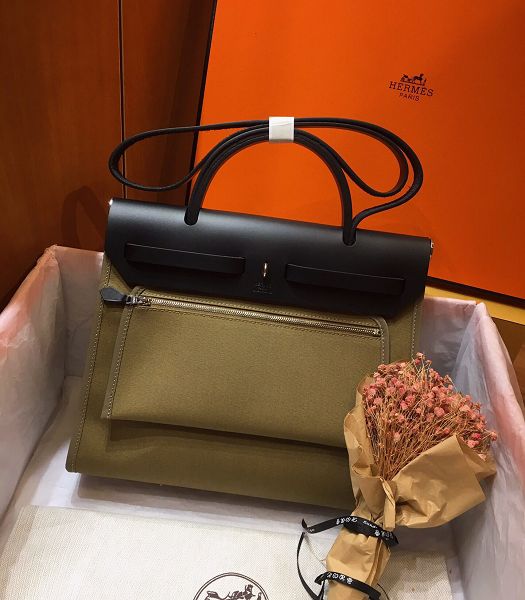 Hermes Herbag Army Green Canvas With Black Imported Leather 31 Zip Tote Handbag
