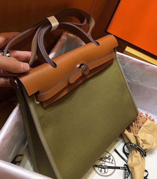 Hermes Herbag Army Green Canvas With Brown Imported Leather 31 Zip Tote Handbag