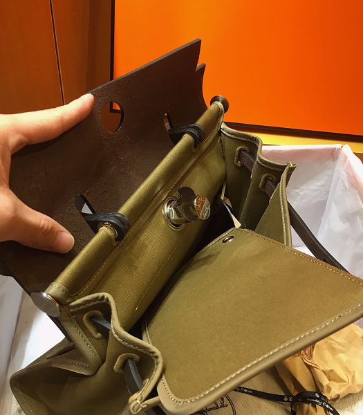 Hermes Herbag Army Green Canvas With Dark Coffee Imported Leather 31 Zip Tote Handbag