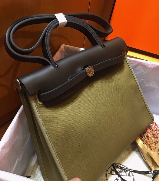 Hermes Herbag Army Green Canvas With Dark Coffee Imported Leather 31 Zip Tote Handbag
