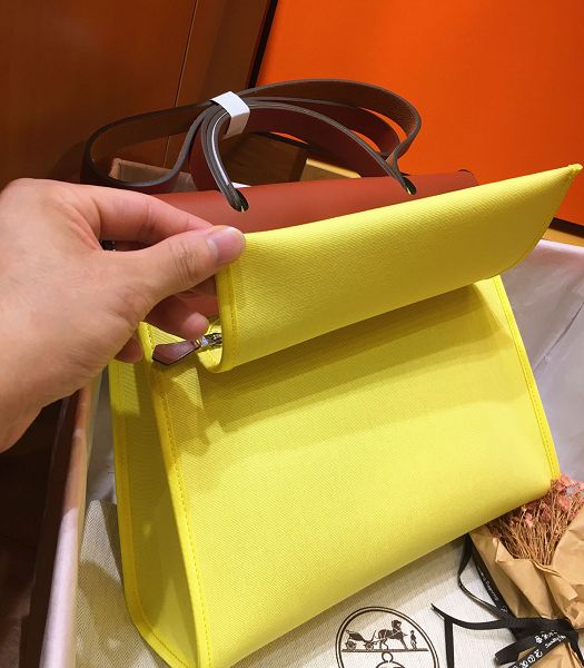 Hermes Herbag Lemon Yellow Canvas With Red Brown Imported Leather 31 Zip Tote Handbag