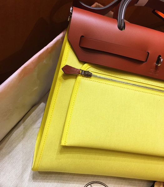Hermes Herbag Lemon Yellow Canvas With Red Brown Imported Leather 31 Zip Tote Handbag