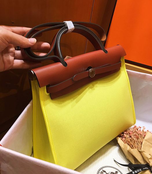 Hermes Herbag Lemon Yellow Canvas With Red Brown Imported Leather 31 Zip Tote Handbag