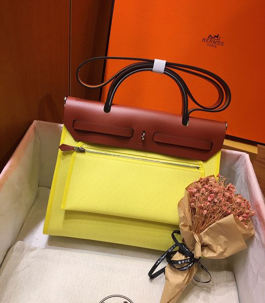 Hermes Herbag Lemon Yellow Canvas With Red Brown Imported Leather 31 Zip Tote Handbag