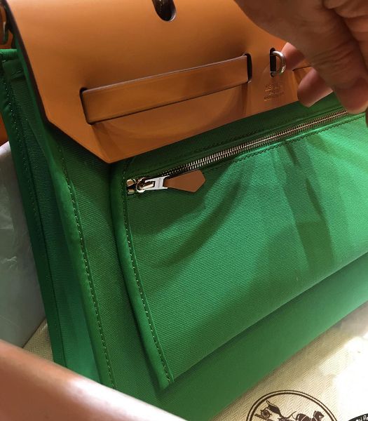 Hermes Herbag Green Canvas With Coffee Imported Leather 31 Zip Tote Handbag