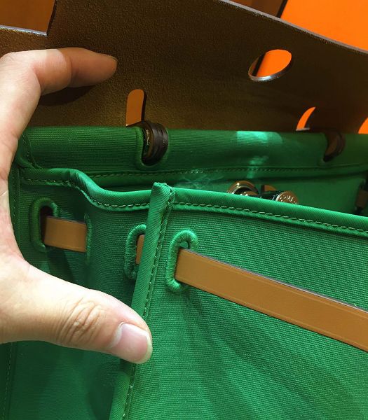 Hermes Herbag Green Canvas With Coffee Imported Leather 31 Zip Tote Handbag