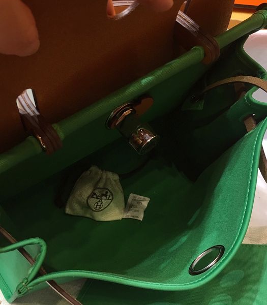 Hermes Herbag Green Canvas With Coffee Imported Leather 31 Zip Tote Handbag