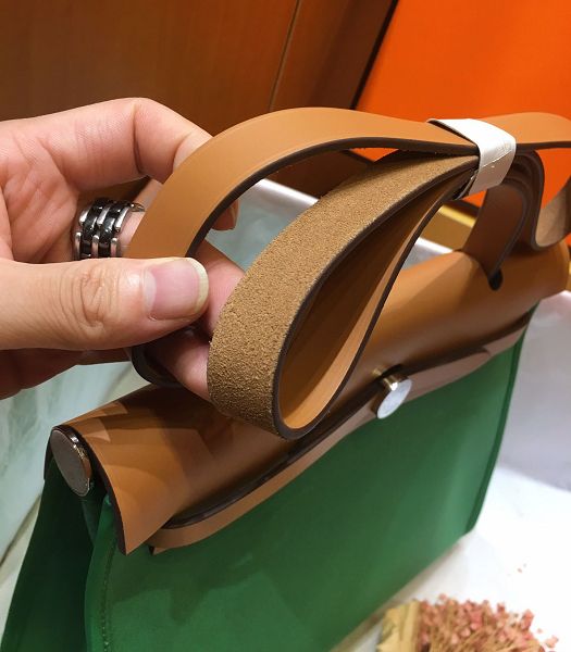 Hermes Herbag Green Canvas With Coffee Imported Leather 31 Zip Tote Handbag