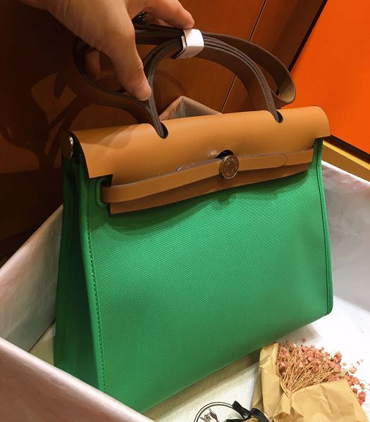 Hermes Herbag Green Canvas With Coffee Imported Leather 31 Zip Tote Handbag