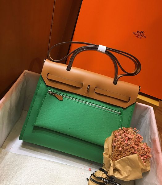 Hermes Herbag Green Canvas With Coffee Imported Leather 31 Zip Tote Handbag