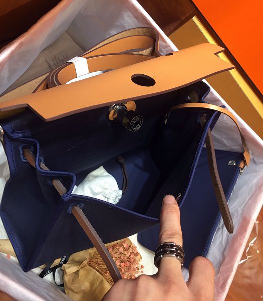 Hermes Herbag Dark Blue Canvas With Coffee Imported Leather 31 Zip Tote Handbag