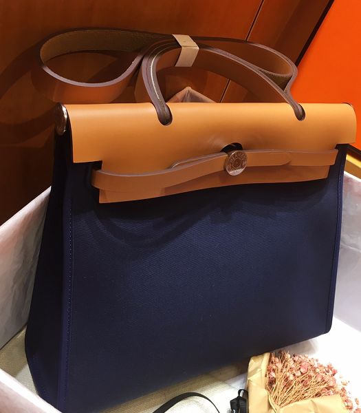 Hermes Herbag Dark Blue Canvas With Coffee Imported Leather 31 Zip Tote Handbag