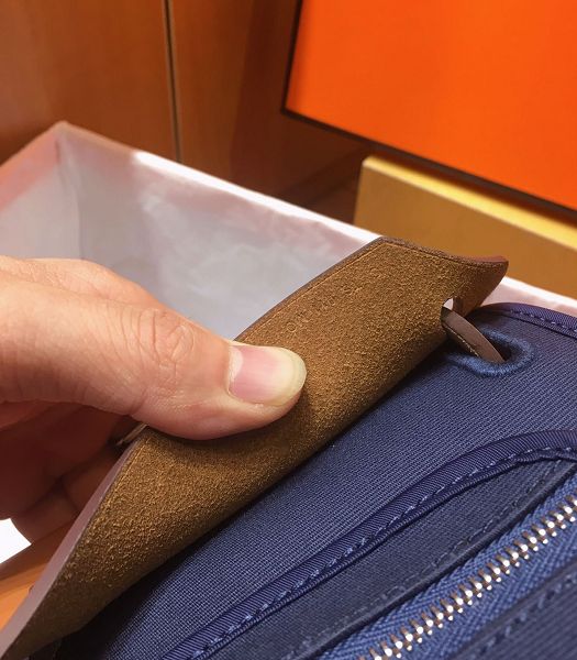 Hermes Herbag Dark Blue Canvas With Coffee Imported Leather 31 Zip Tote Handbag