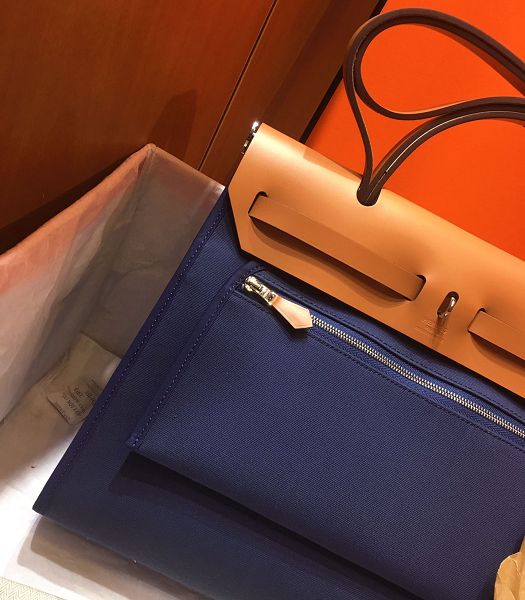 Hermes Herbag Dark Blue Canvas With Coffee Imported Leather 31 Zip Tote Handbag