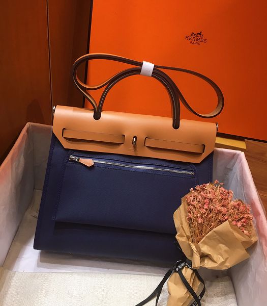 Hermes Herbag Dark Blue Canvas With Coffee Imported Leather 31 Zip Tote Handbag