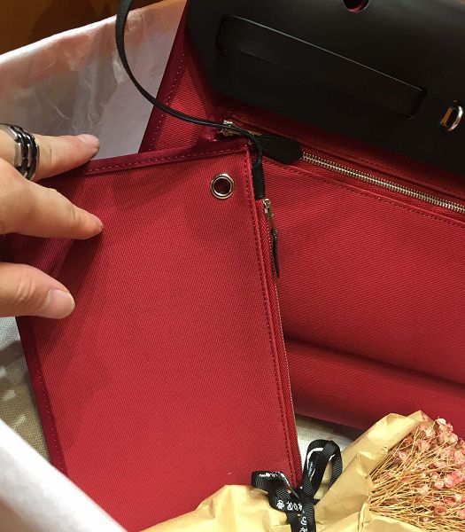 Hermes Herbag Dark Red Canvas With Black Imported Leather 31 Zip Tote Handbag