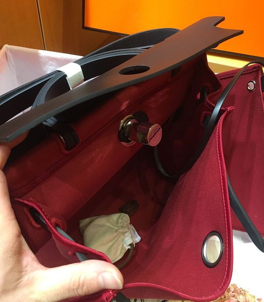 Hermes Herbag Dark Red Canvas With Black Imported Leather 31 Zip Tote Handbag