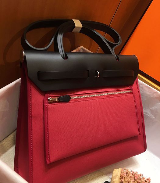 Hermes Herbag Dark Red Canvas With Black Imported Leather 31 Zip Tote Handbag