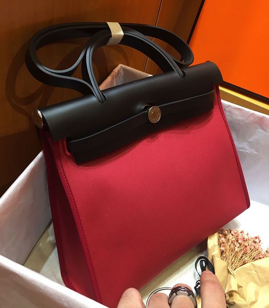 Hermes Herbag Dark Red Canvas With Black Imported Leather 31 Zip Tote Handbag