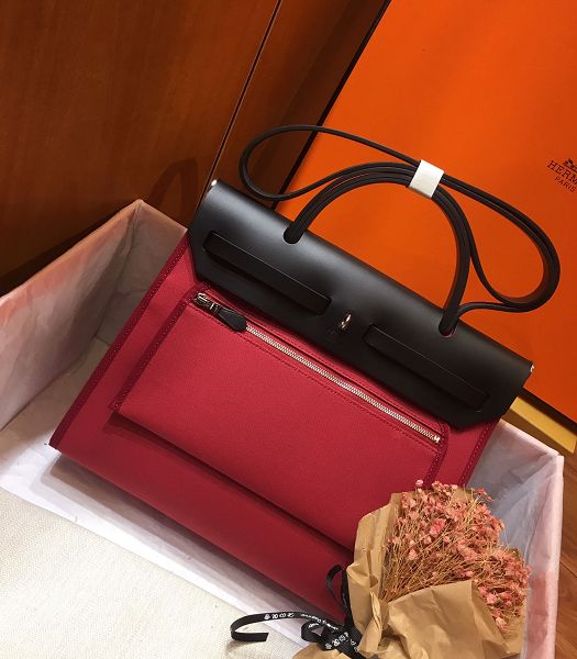 Hermes Herbag Dark Red Canvas With Black Imported Leather 31 Zip Tote Handbag