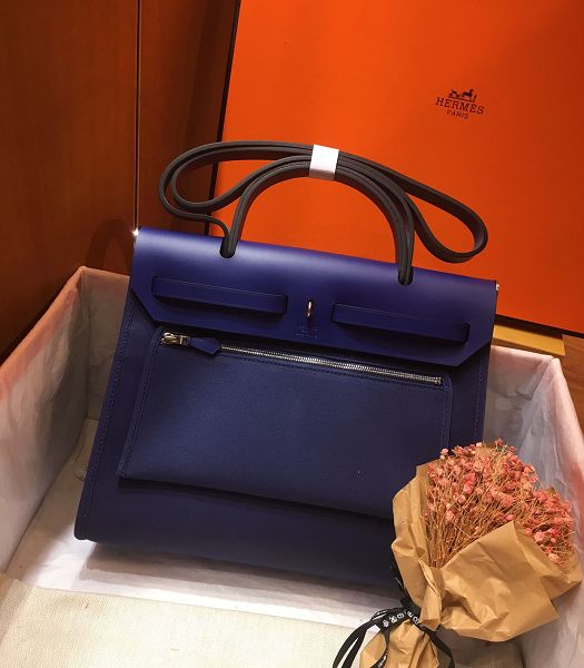 Hermes Herbag Dark Blue Canvas With Electric Blue Imported Leather 31 Zip Tote Handbag