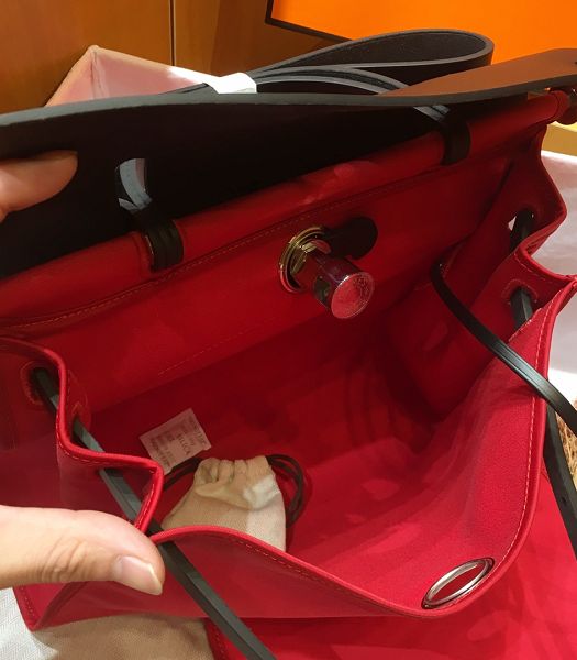 Hermes Herbag Red Canvas With Black Imported Leather 31 Zip Tote Handbag