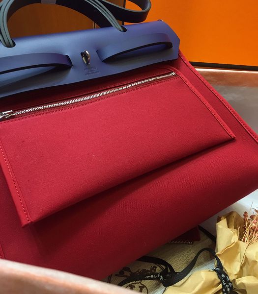 Hermes Herbag Dark Red Canvas With Electric Blue Imported Leather 31 Zip Tote Handbag