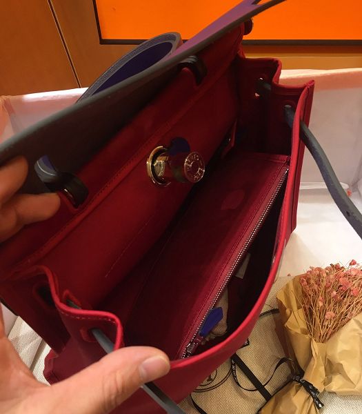 Hermes Herbag Dark Red Canvas With Electric Blue Imported Leather 31 Zip Tote Handbag