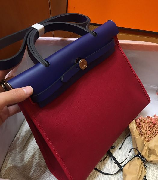 Hermes Herbag Dark Red Canvas With Electric Blue Imported Leather 31 Zip Tote Handbag