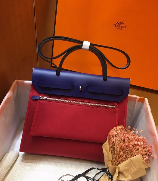 Hermes Herbag Dark Red Canvas With Electric Blue Imported Leather 31 Zip Tote Handbag