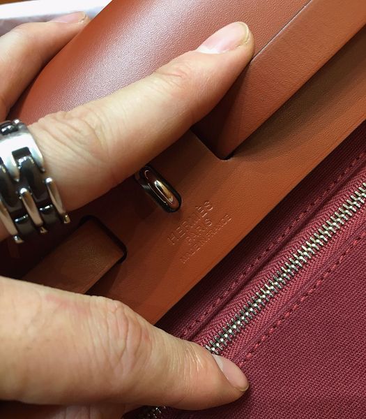 Hermes Herbag Dark Red Canvas With Coffee Imported Leather 31 Zip Tote Handbag