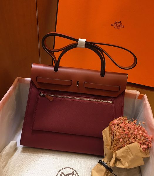 Hermes Herbag Dark Red Canvas With Coffee Imported Leather 31 Zip Tote Handbag