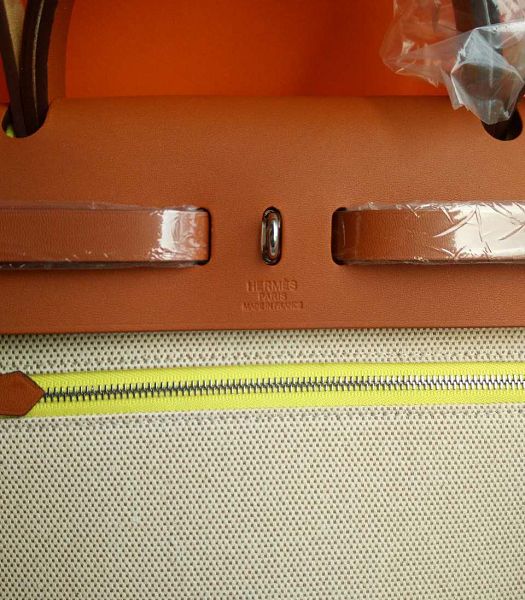 Hermes Herbag Lemon Yellow Canvas With Brown Imported Leather 31 Zip Tote Handbag