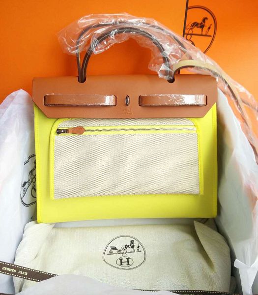 Hermes Herbag Lemon Yellow Canvas With Brown Imported Leather 31 Zip Tote Handbag