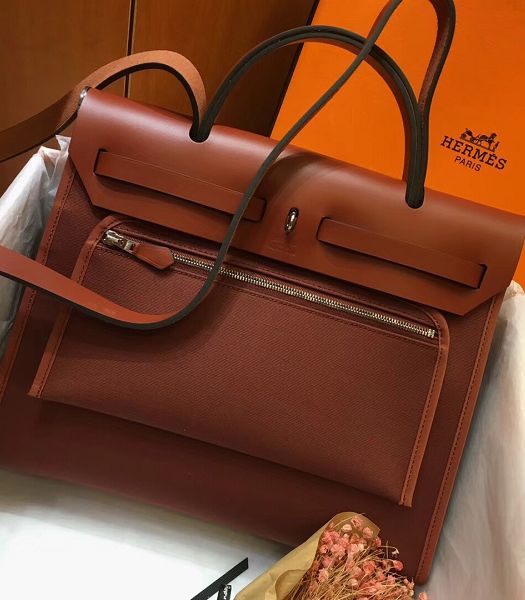 Hermes Herbag Red Coffee Canvas With Imported Leather 31 Zip Tote Handbag