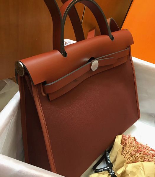 Hermes Herbag Red Coffee Canvas With Imported Leather 31 Zip Tote Handbag