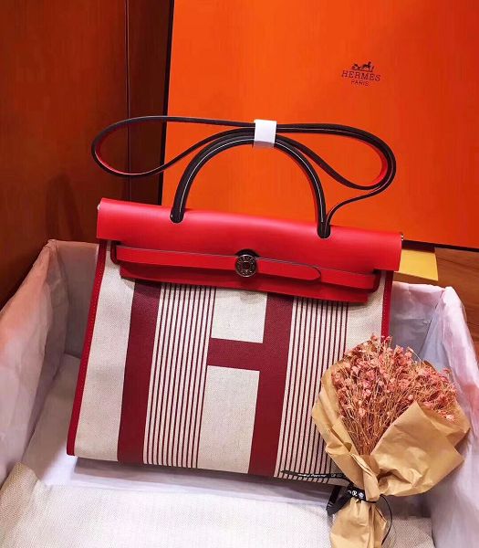 Hermes Herbag Line Print Red Linen With Imported Leather 31 Zip Tote Handbag