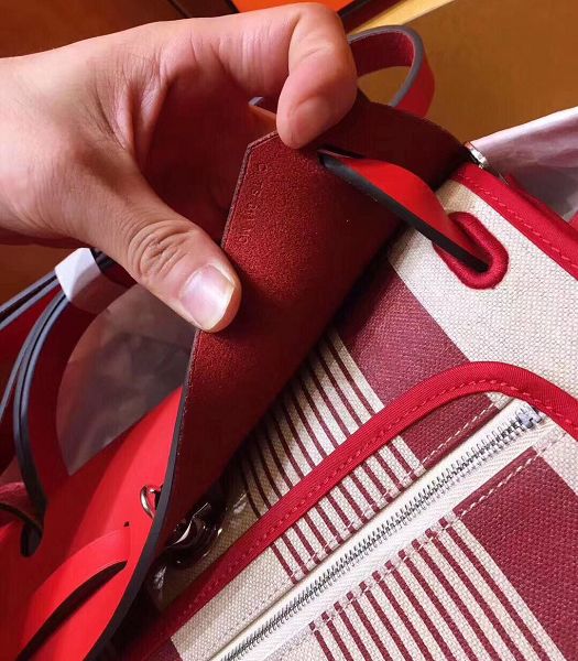 Hermes Herbag Line Print Red Linen With Imported Leather 31 Zip Tote Handbag