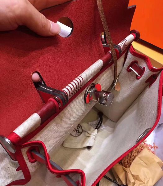 Hermes Herbag Line Print Red Linen With Imported Leather 31 Zip Tote Handbag