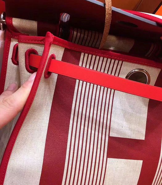 Hermes Herbag Line Print Red Linen With Imported Leather 31 Zip Tote Handbag