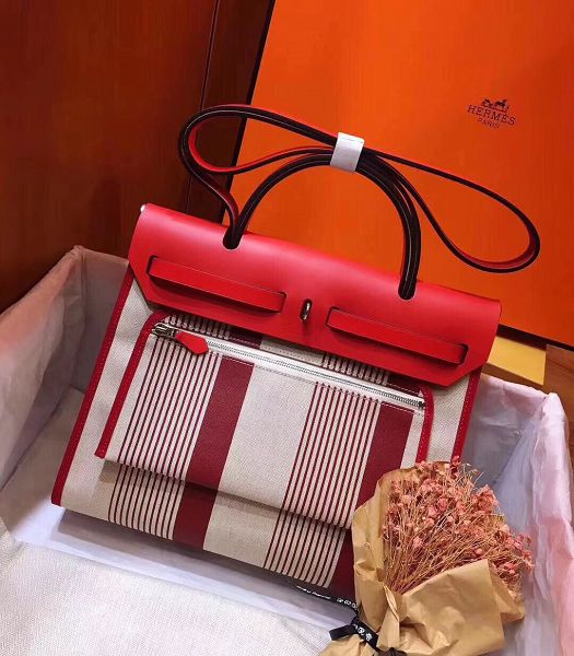 Hermes Herbag Line Print Red Linen With Imported Leather 31 Zip Tote Handbag