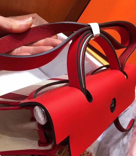 Hermes Herbag Line Print Red Linen With Imported Leather 31 Zip Tote Handbag