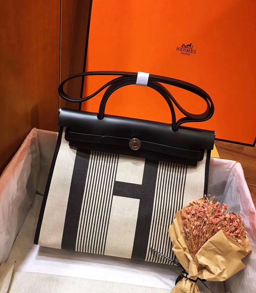 Hermes Herbag Line Print Black Linen With Imported Leather 31 Zip Tote Handbag