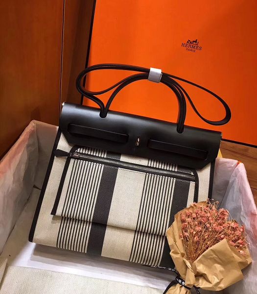 Hermes Herbag Line Print Black Linen With Imported Leather 31 Zip Tote Handbag